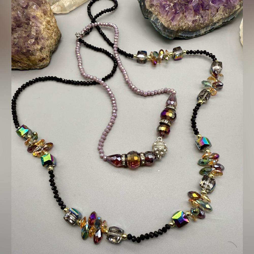 Layered Necklace Rhinestone Black Lavender Crystal Bead Hi-Lo Handmade Designer - Picture 9 of 10